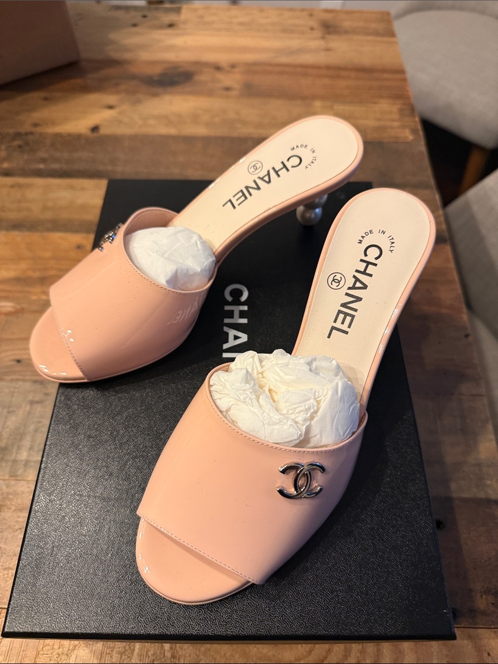 CHANEL Patent Lambskin Mule in Light Pink with Pearl Accents